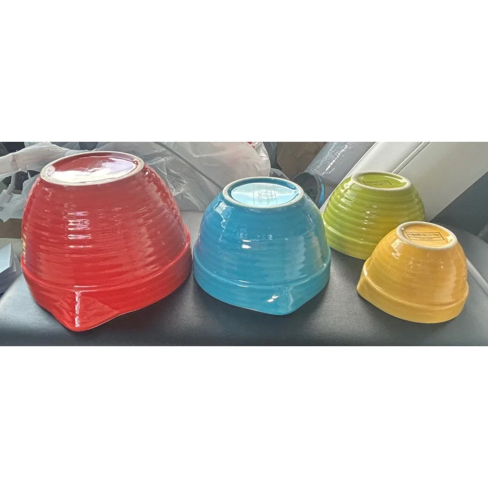 Creative Co-Op Stoneware Nesting Measuring Cup Set 4 Piece Multicolor Ribbed